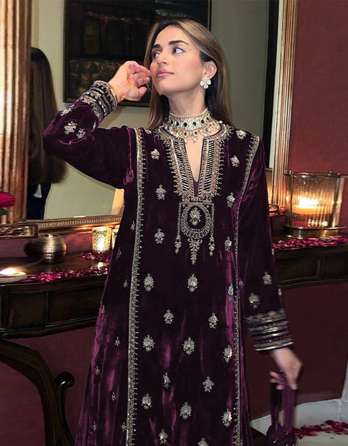 Heavy Designer Wedding Wear Velvet Salwar Suit Purple Velvet Pant Straight Close-up View